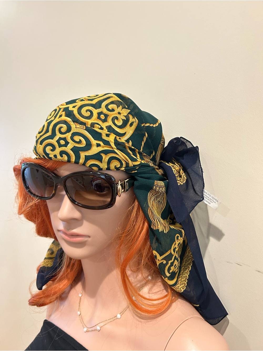 Silk-Style Green & Gold Patterned Headscarf